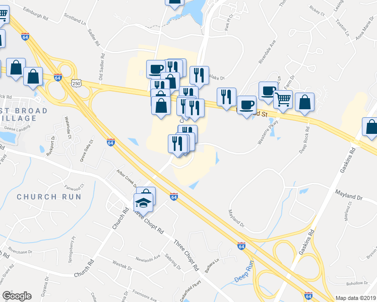 map of restaurants, bars, coffee shops, grocery stores, and more near 3641 Cox Road in Henrico