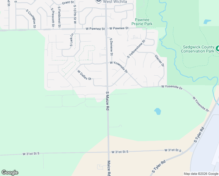 map of restaurants, bars, coffee shops, grocery stores, and more near 2600 South Maize Road in Wichita