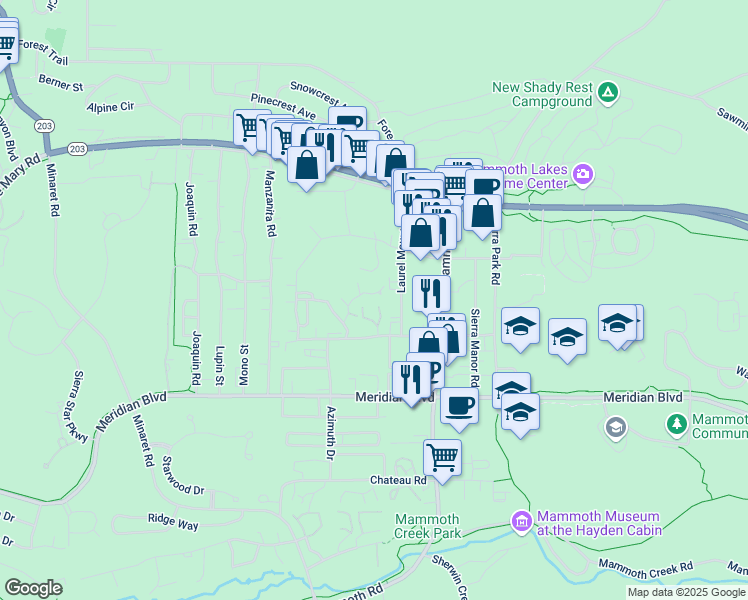 map of restaurants, bars, coffee shops, grocery stores, and more near 2 Arrowhead Drive in Mammoth Lakes