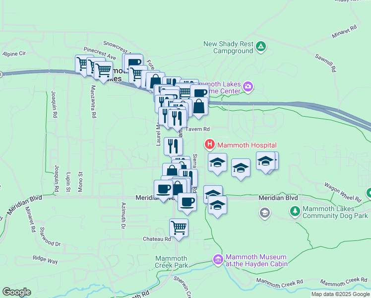 map of restaurants, bars, coffee shops, grocery stores, and more near 69 Sierra Manor Road in Mammoth Lakes