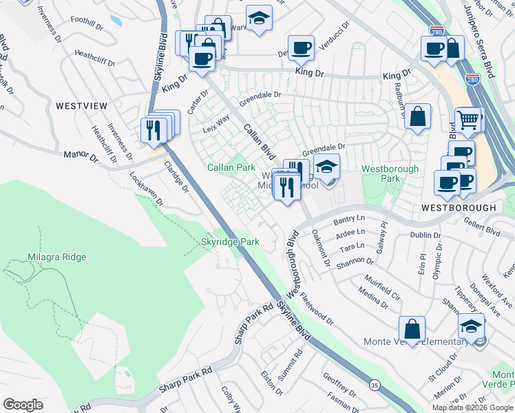 map of restaurants, bars, coffee shops, grocery stores, and more near 3665 Carter Drive in South San Francisco