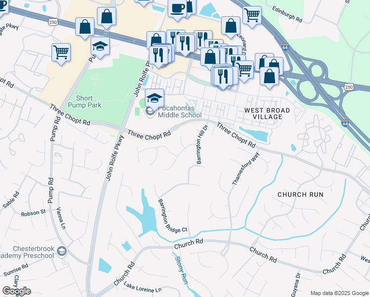 map of restaurants, bars, coffee shops, grocery stores, and more near 3829 Indigo Run Drive in Henrico