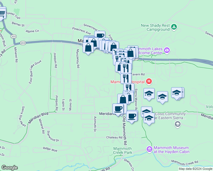 map of restaurants, bars, coffee shops, grocery stores, and more near 2 Arrowhead Drive in Mammoth Lakes