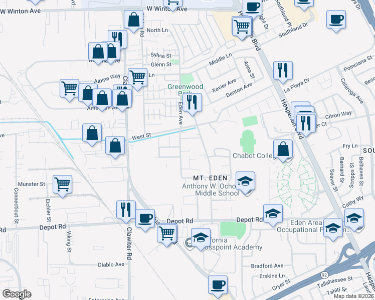 map of restaurants, bars, coffee shops, grocery stores, and more near 24594 Eden Avenue in Hayward