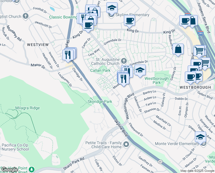 map of restaurants, bars, coffee shops, grocery stores, and more near 2739 Duhallow Way in South San Francisco