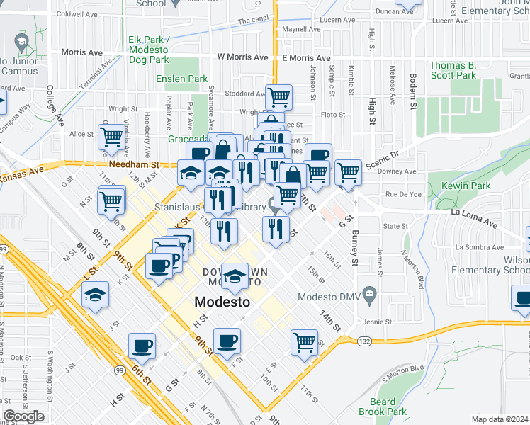 map of restaurants, bars, coffee shops, grocery stores, and more near 906 15th Street in Modesto
