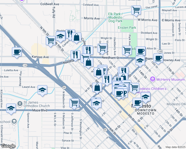 map of restaurants, bars, coffee shops, grocery stores, and more near 1315 N Street in Modesto