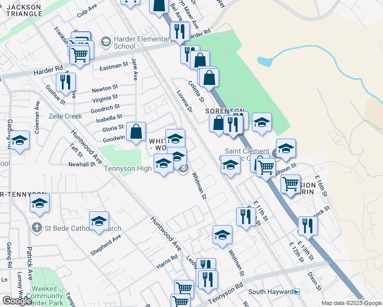 map of restaurants, bars, coffee shops, grocery stores, and more near 331 Peyton Drive in Hayward