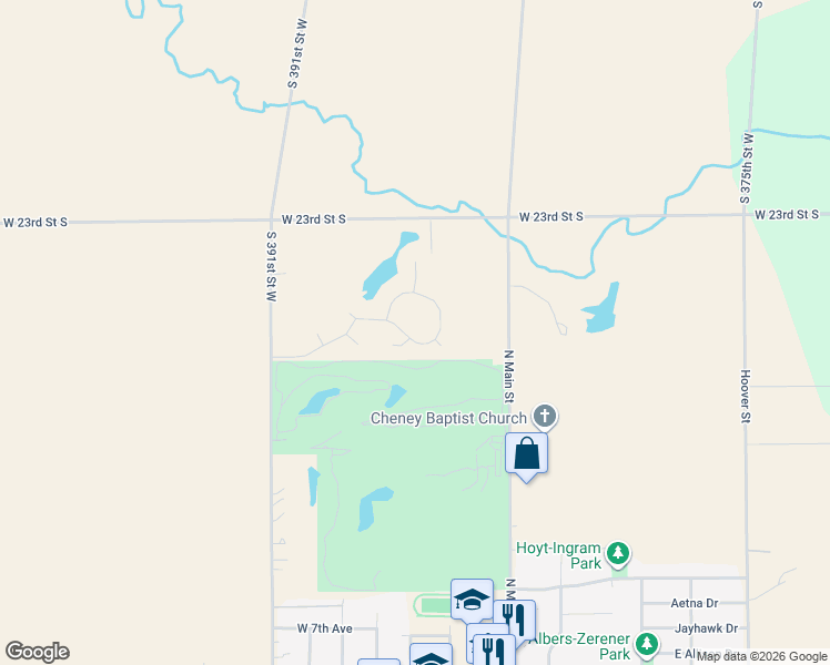 map of restaurants, bars, coffee shops, grocery stores, and more near Lakeside Ct in Cheney