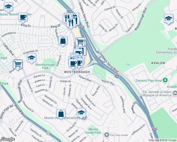 map of restaurants, bars, coffee shops, grocery stores, and more near 709 Westborough Boulevard in South San Francisco