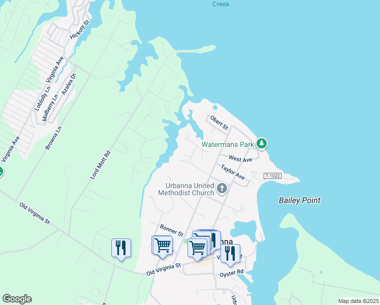 map of restaurants, bars, coffee shops, grocery stores, and more near 374 Howard Street in Urbanna