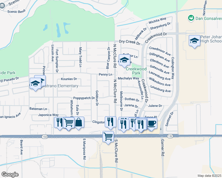 map of restaurants, bars, coffee shops, grocery stores, and more near 428 North McClure Road in Modesto