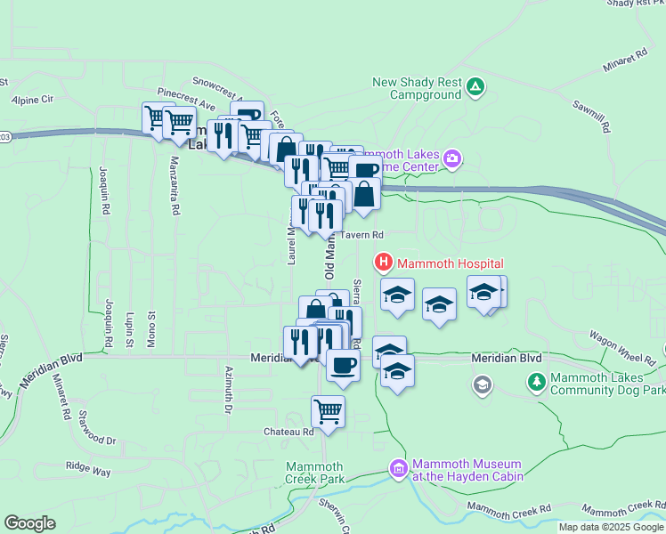 map of restaurants, bars, coffee shops, grocery stores, and more near 126 Old Mammoth Road in Mammoth Lakes