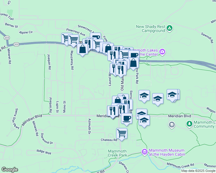 map of restaurants, bars, coffee shops, grocery stores, and more near 208 Laurel Mountain Road in Mammoth Lakes