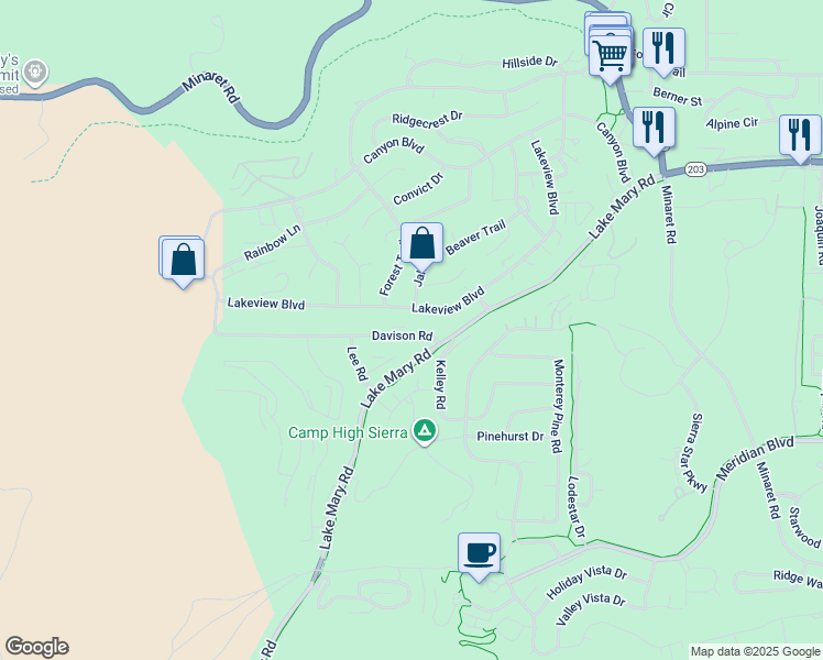 map of restaurants, bars, coffee shops, grocery stores, and more near 590 Lakeview Boulevard in Mammoth Lakes