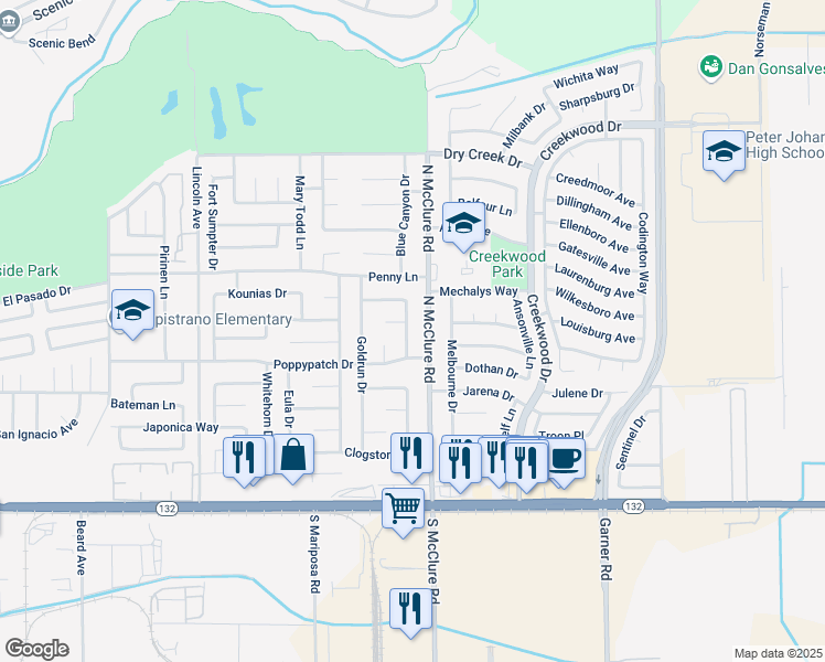 map of restaurants, bars, coffee shops, grocery stores, and more near 428 North McClure Road in Modesto