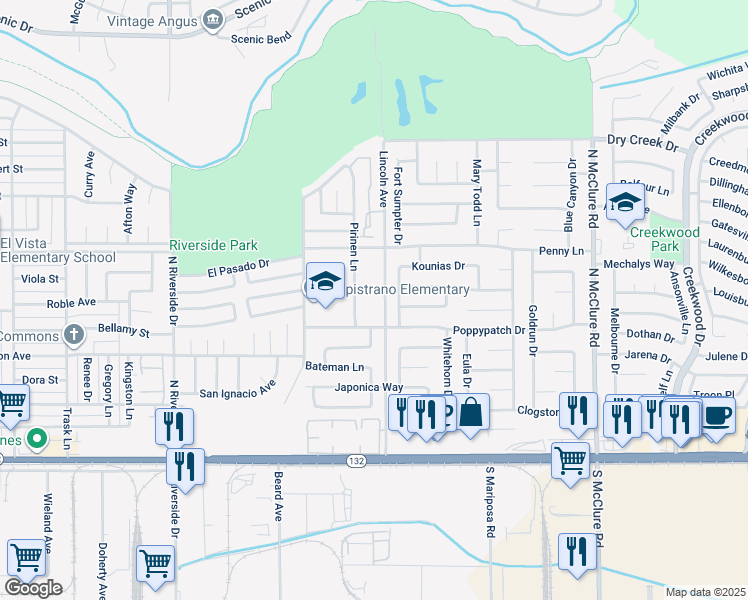 map of restaurants, bars, coffee shops, grocery stores, and more near 429 Chamise Drive in Modesto
