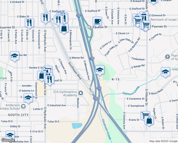 map of restaurants, bars, coffee shops, grocery stores, and more near 2668 South Minnesota Avenue in Wichita