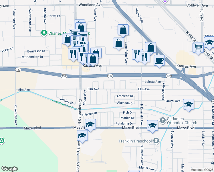 map of restaurants, bars, coffee shops, grocery stores, and more near 505 Itasca Court in Modesto