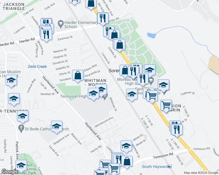 map of restaurants, bars, coffee shops, grocery stores, and more near 331 Peyton Drive in Hayward