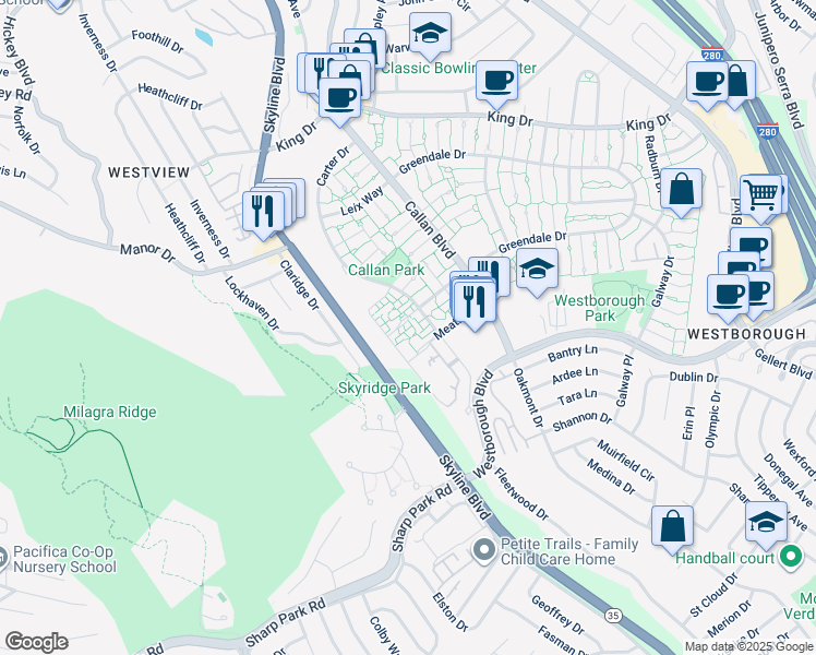 map of restaurants, bars, coffee shops, grocery stores, and more near 2739 Duhallow Way in South San Francisco