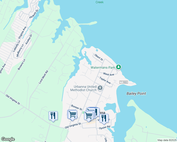map of restaurants, bars, coffee shops, grocery stores, and more near 385 Howard Street in Urbanna