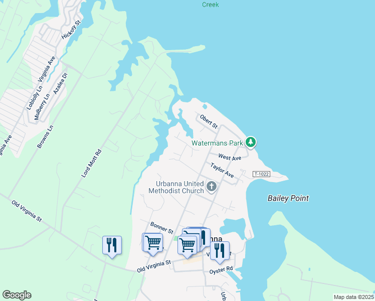 map of restaurants, bars, coffee shops, grocery stores, and more near 385 Howard Street in Urbanna