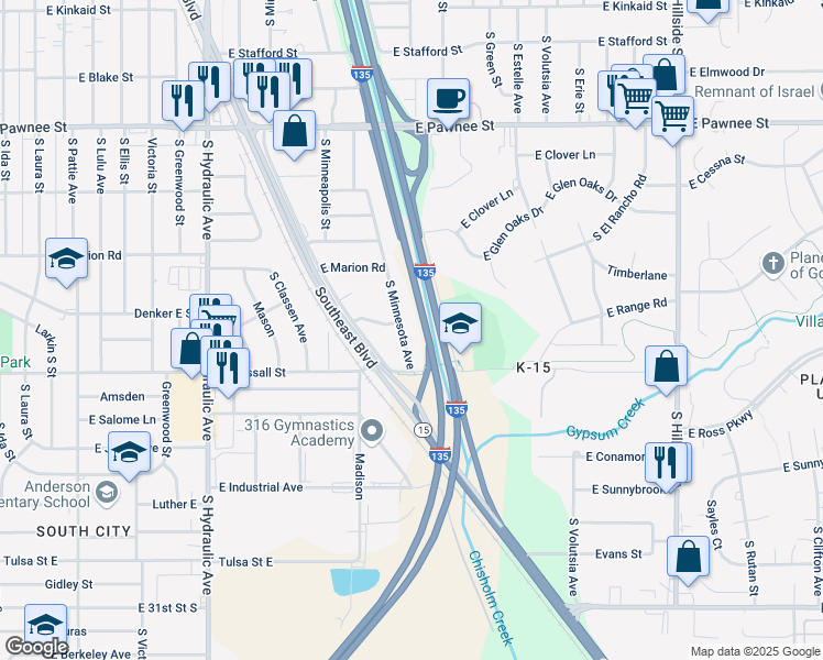 map of restaurants, bars, coffee shops, grocery stores, and more near 2668 South Minnesota Avenue in Wichita
