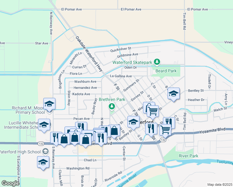 map of restaurants, bars, coffee shops, grocery stores, and more near 12360 Rose Way in Waterford