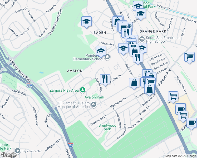 map of restaurants, bars, coffee shops, grocery stores, and more near 293 Avalon Drive in South San Francisco