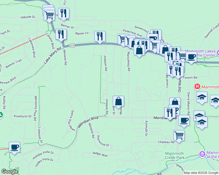 map of restaurants, bars, coffee shops, grocery stores, and more near 324 Joaquin Rd in Mammoth Lakes