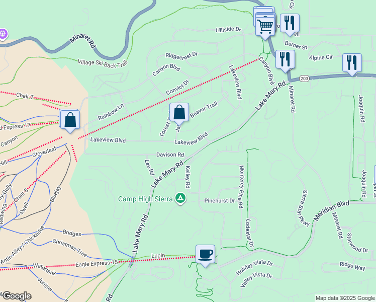 map of restaurants, bars, coffee shops, grocery stores, and more near 2 Davison Road in Mammoth Lakes
