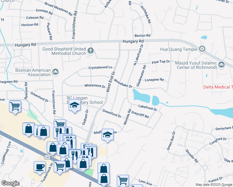 map of restaurants, bars, coffee shops, grocery stores, and more near 4100 Longleaf Drive in Henrico