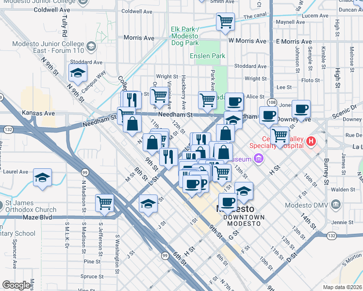 map of restaurants, bars, coffee shops, grocery stores, and more near 1220 11th Street in Modesto