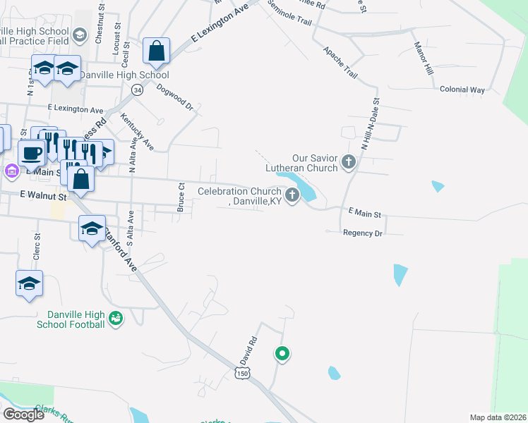 map of restaurants, bars, coffee shops, grocery stores, and more near 808 East Main Street in Danville