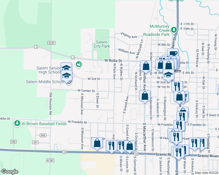 map of restaurants, bars, coffee shops, grocery stores, and more near 101 North Park Avenue in Salem