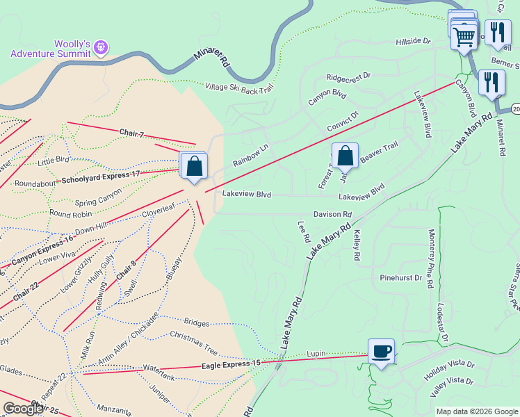 map of restaurants, bars, coffee shops, grocery stores, and more near 527 Lakeview Boulevard in Mammoth Lakes