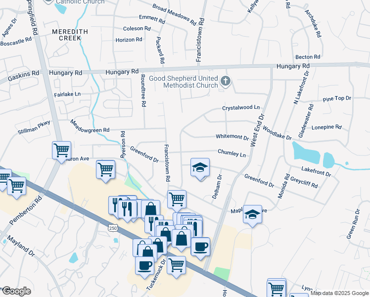map of restaurants, bars, coffee shops, grocery stores, and more near 4001 Crystalwood Lane in Richmond