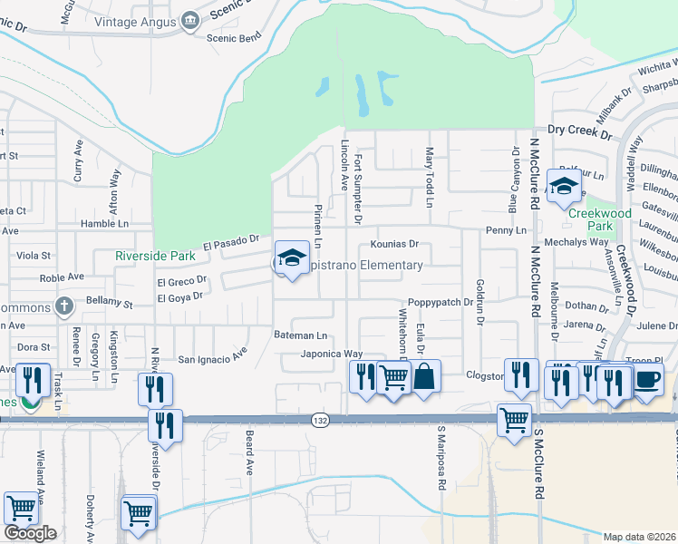 map of restaurants, bars, coffee shops, grocery stores, and more near 429 Chamise Drive in Modesto