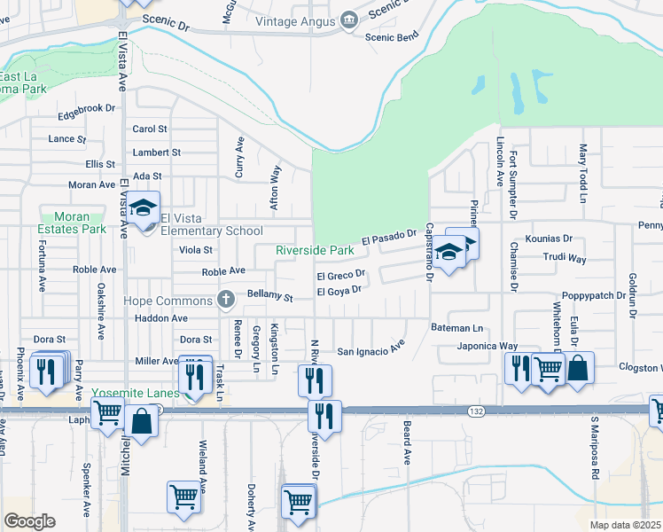 map of restaurants, bars, coffee shops, grocery stores, and more near in Modesto