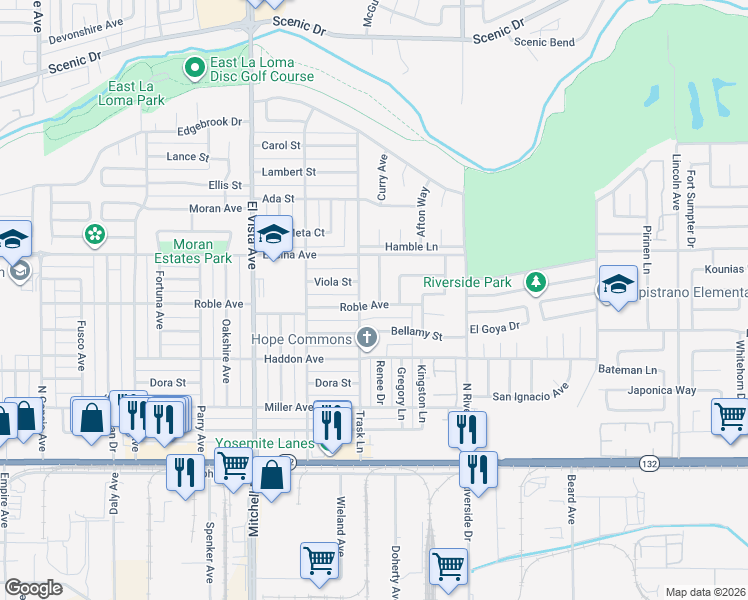 map of restaurants, bars, coffee shops, grocery stores, and more near 408 Trask Lane in Modesto
