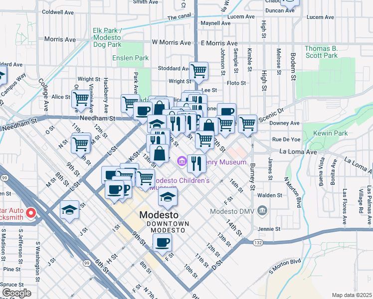map of restaurants, bars, coffee shops, grocery stores, and more near in Modesto