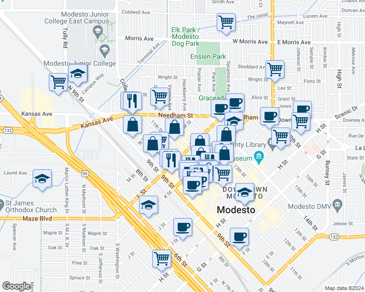 map of restaurants, bars, coffee shops, grocery stores, and more near 1220 11th Street in Modesto