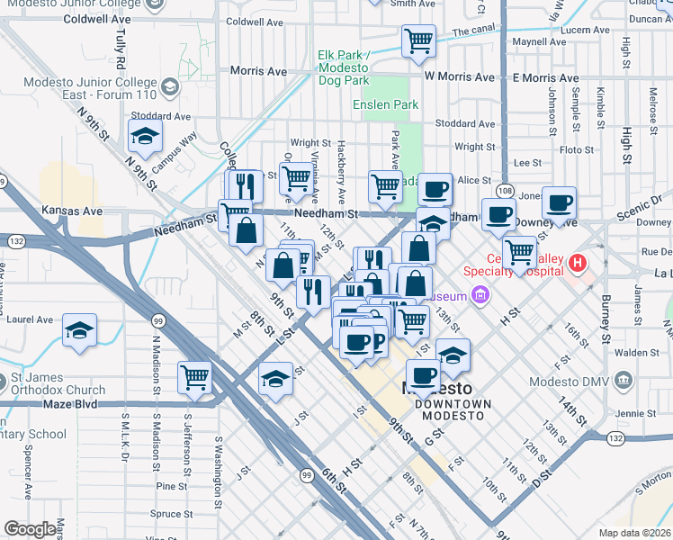 map of restaurants, bars, coffee shops, grocery stores, and more near 1220 11th Street in Modesto
