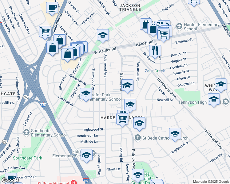 map of restaurants, bars, coffee shops, grocery stores, and more near 26251 Gading Road in Hayward