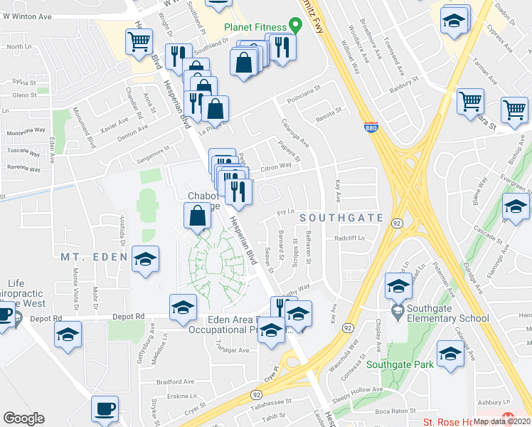 map of restaurants, bars, coffee shops, grocery stores, and more near 25091 Copa Del Oro Drive in Hayward