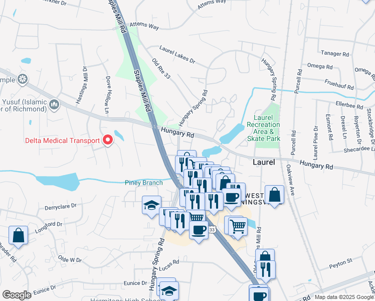 map of restaurants, bars, coffee shops, grocery stores, and more near 7901 Cottesmore Terrace in Richmond
