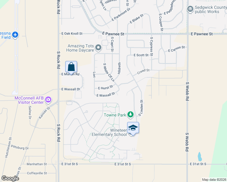 map of restaurants, bars, coffee shops, grocery stores, and more near 2726-2798 White Cliff Ln in Wichita