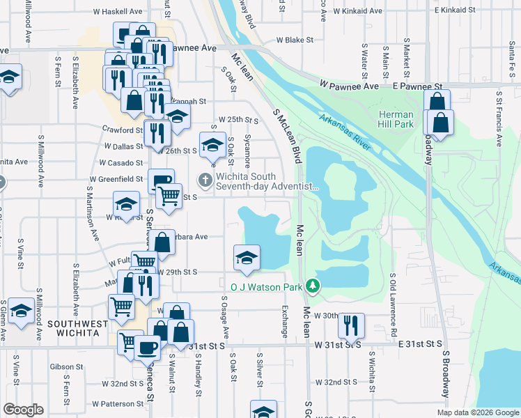 map of restaurants, bars, coffee shops, grocery stores, and more near 601 West 27th Street South in Wichita