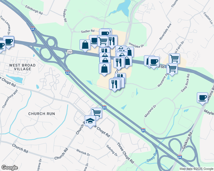 map of restaurants, bars, coffee shops, grocery stores, and more near 10971 West Broad Street in Glen Allen